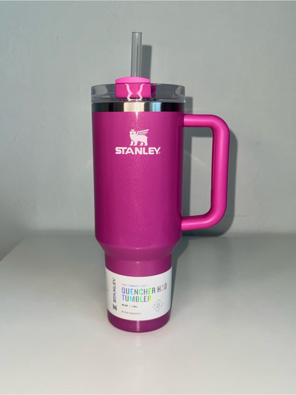 Stanley The Quencher H2.0 FlowState Tumbler 40oz Pink Shimmer Glitter Handle Cup